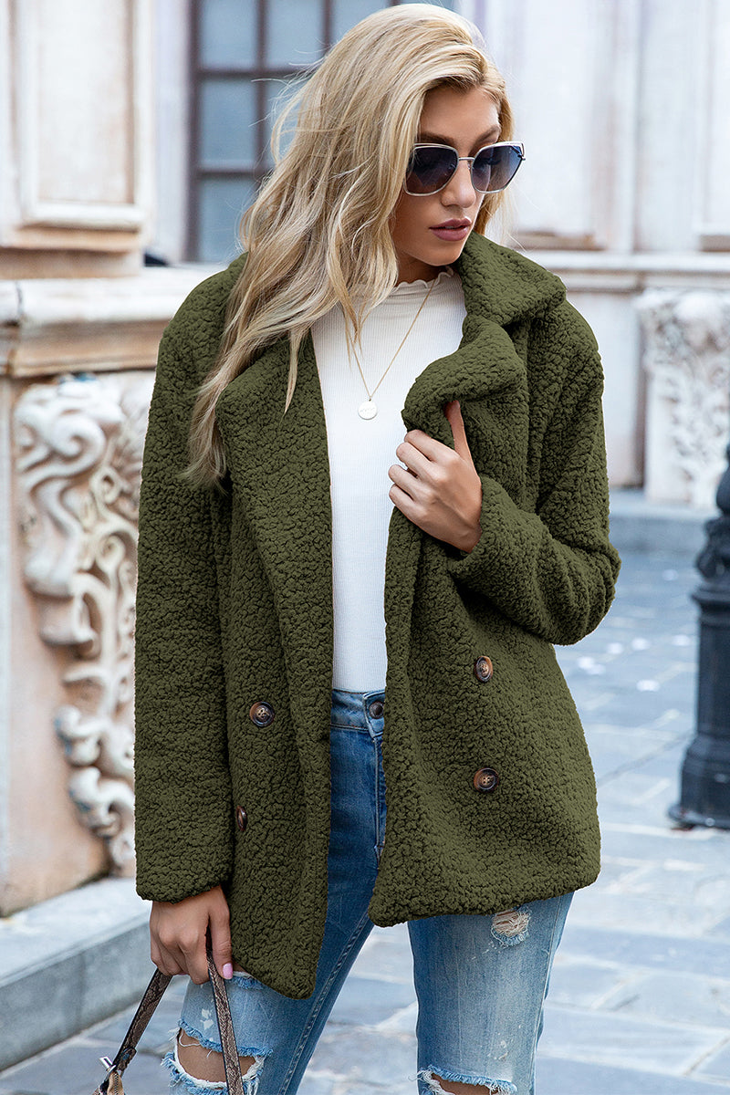 Sherpa coat with lapel collar, double-breasted button front, olive green textured fleece.