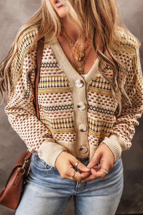 Beige button-front cardigan with multicolor geometric stripe knit, long sleeves