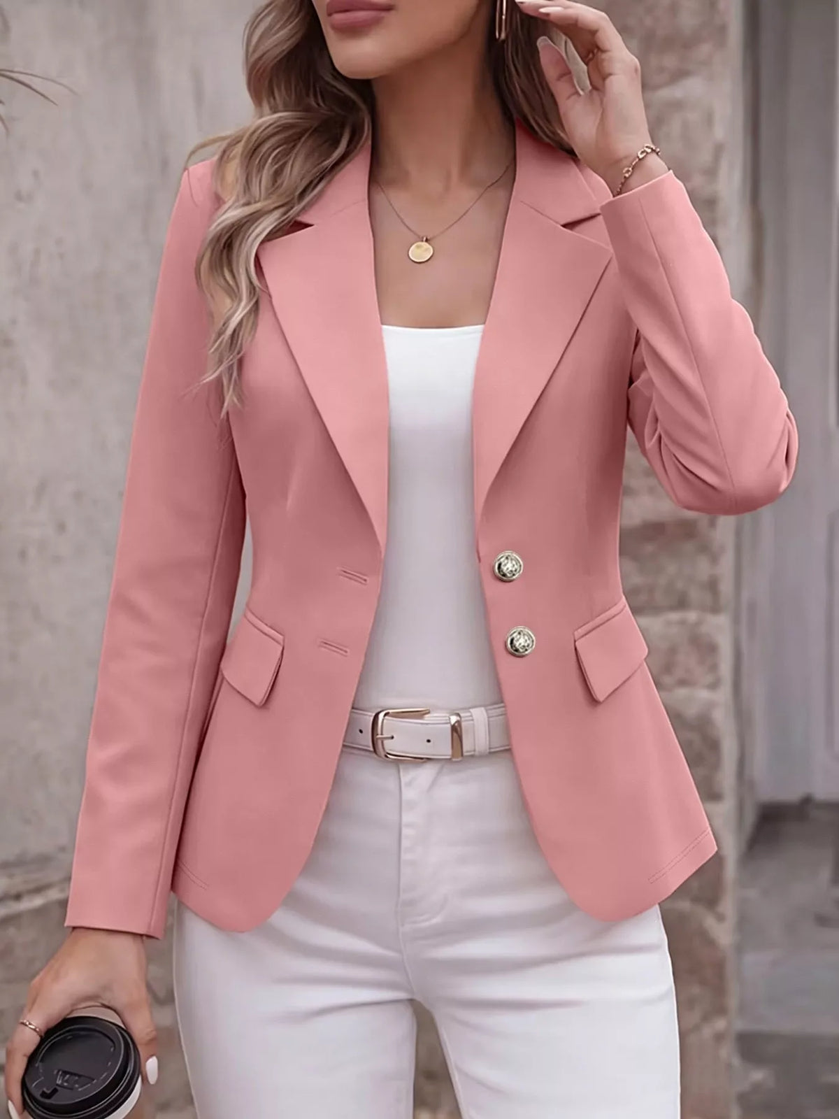 Blush pink lapel blazer jacket with button closure and front patch pockets