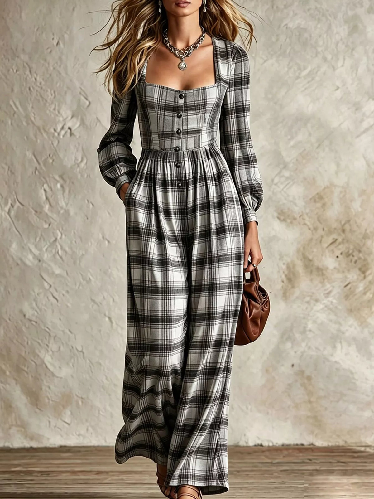 White-and-brown plaid square-neck long-sleeve jumpsuit with button front and wide legs