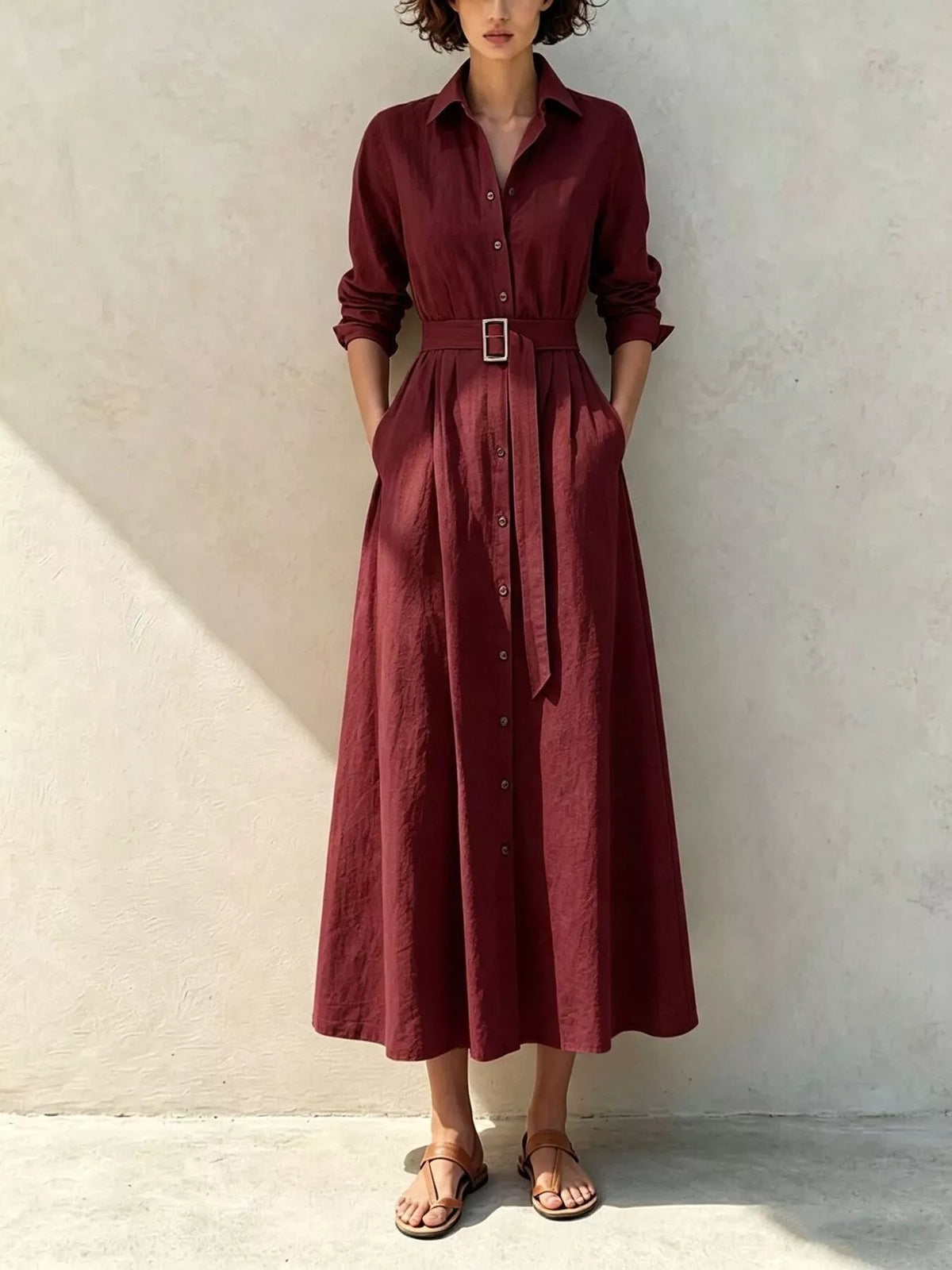 Burgundy button-front midi shirt dress with belt and side pockets