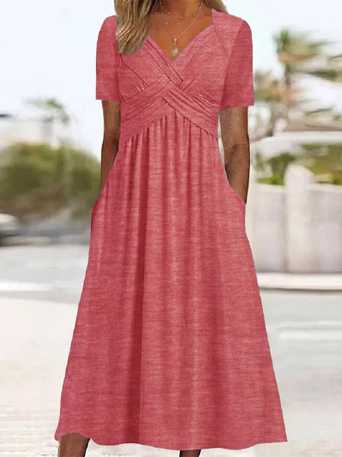 Watermelon red high-waist midi dress with crisscross V-neck and short sleeves