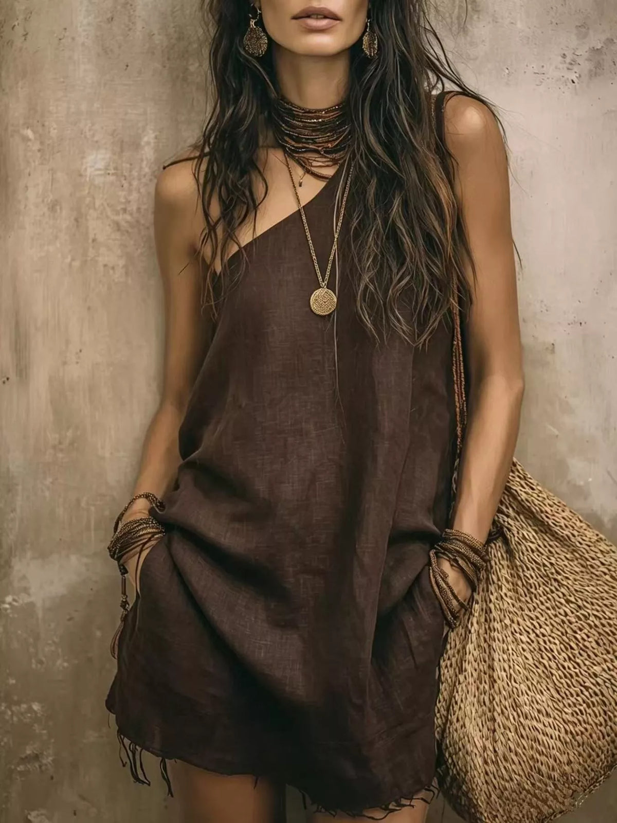 Coffee brown one-shoulder mini dress with pockets and frayed hem