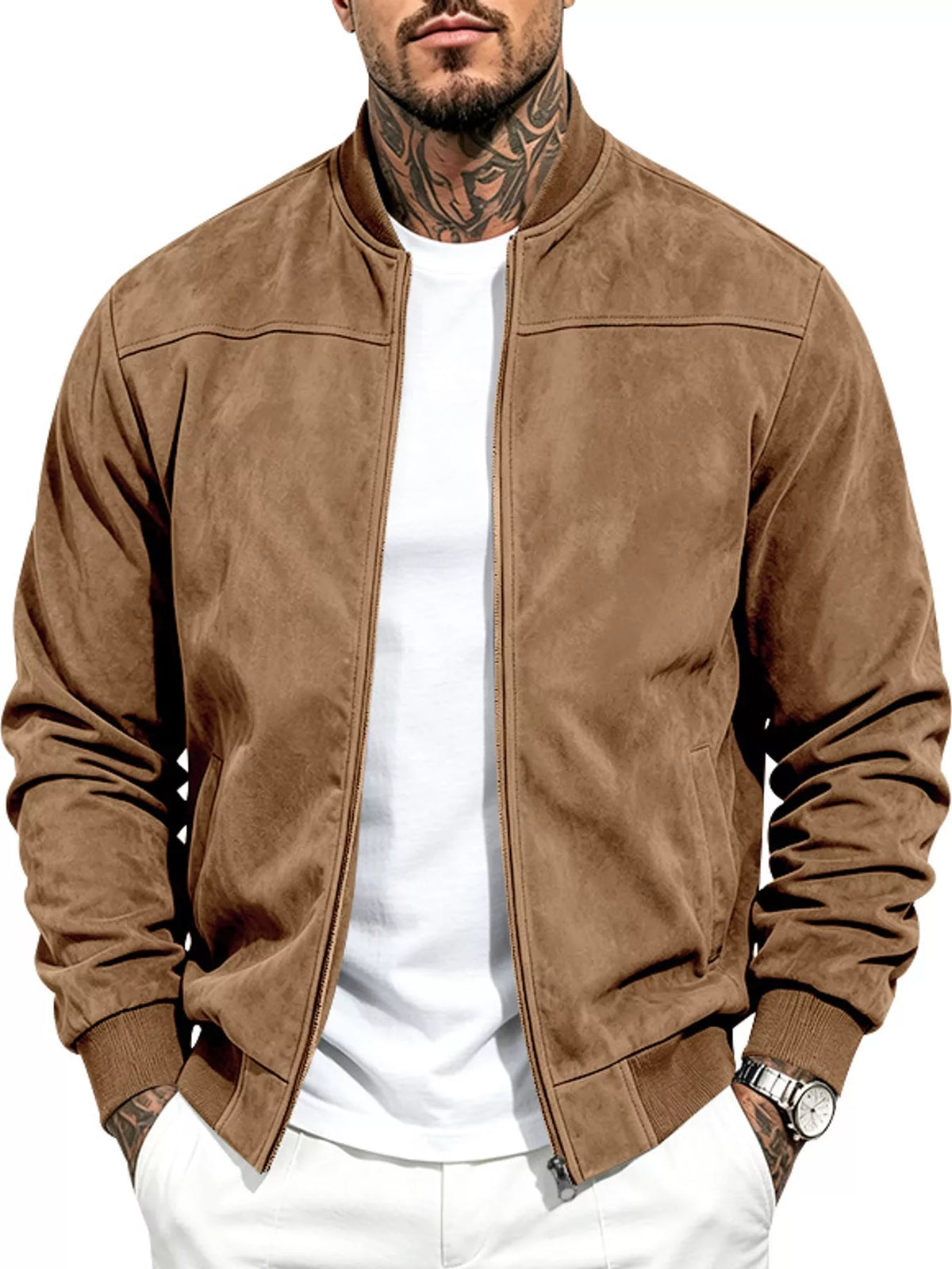 Men's zip-up jacket in brown suede-style with ribbed cuffs and full front zipper