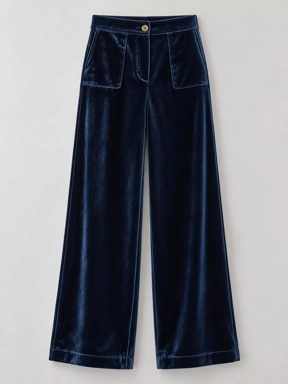 Dark blue velvet wide-leg pants with high waist, button closure, and side pockets