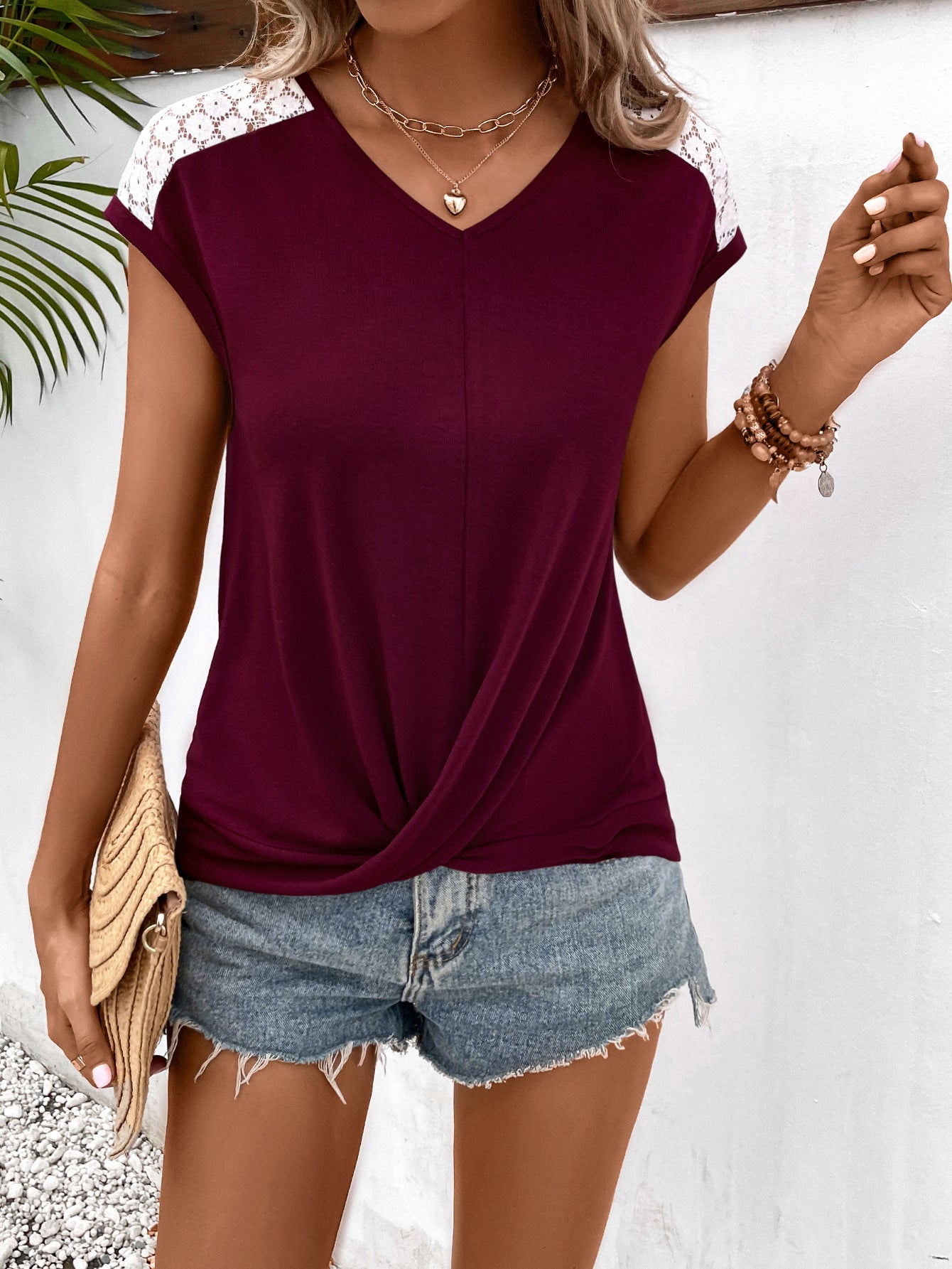 Cedar & Moore Ivy Lane spliced lace V-neck twisted-hem tee in burgundy with white lace shoulder panels