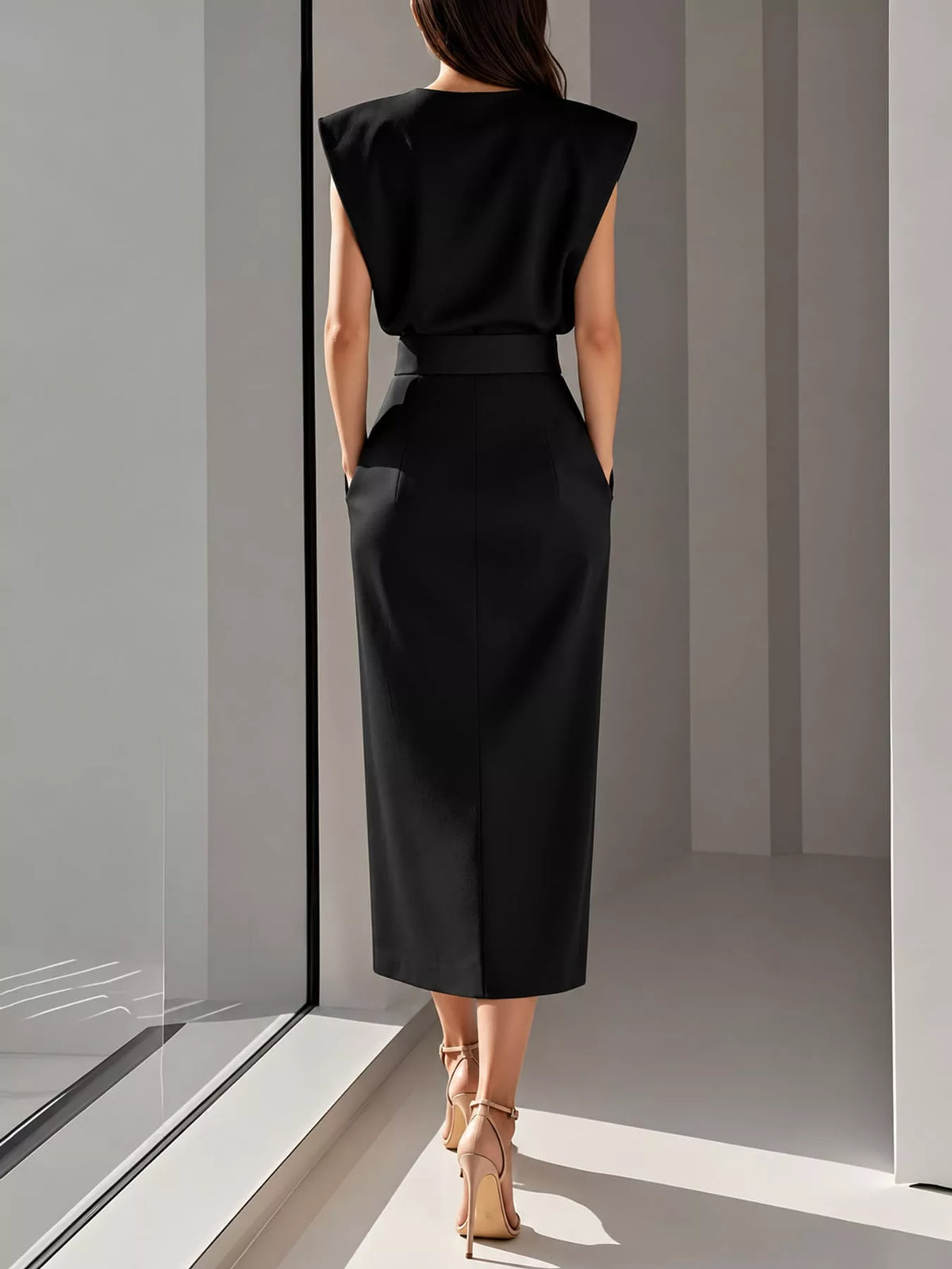 Black sleeveless midi dress with waist belt, gold buttons, and side slit