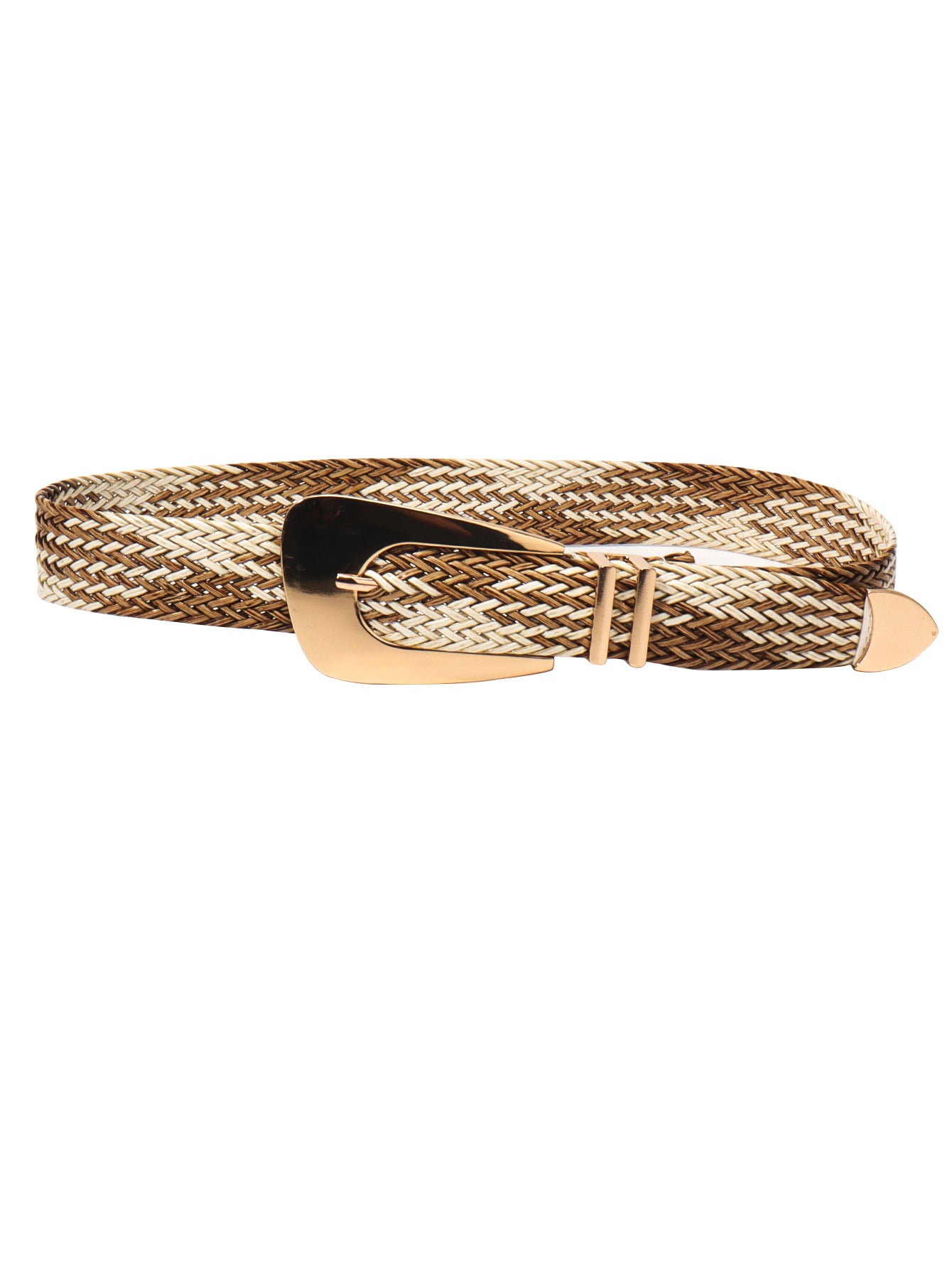 Camel braided belt with gold-tone irregular buckle and dark center