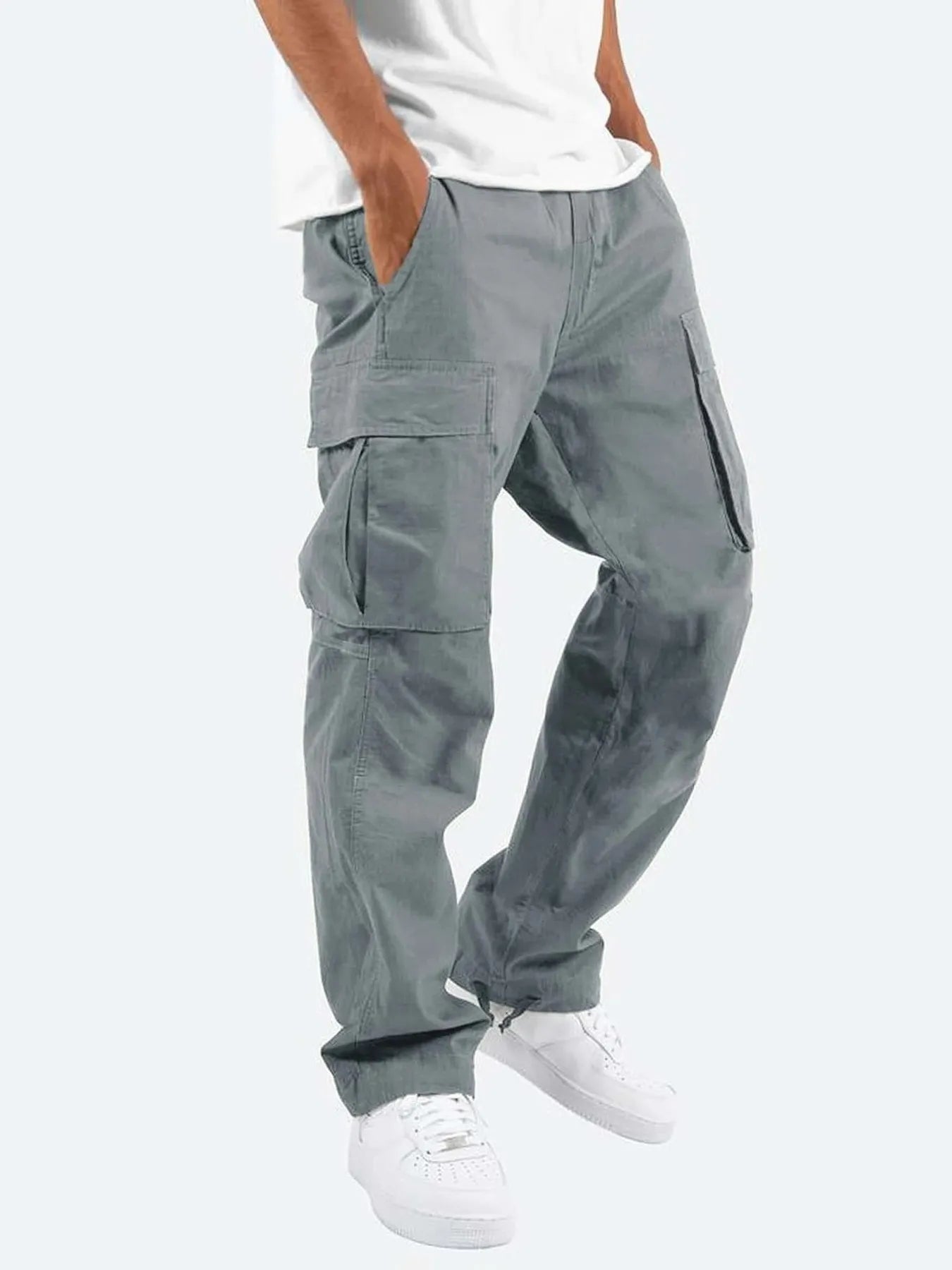 Men's blue-gray cargo pants with side cargo pockets and drawstring cuffed hems.