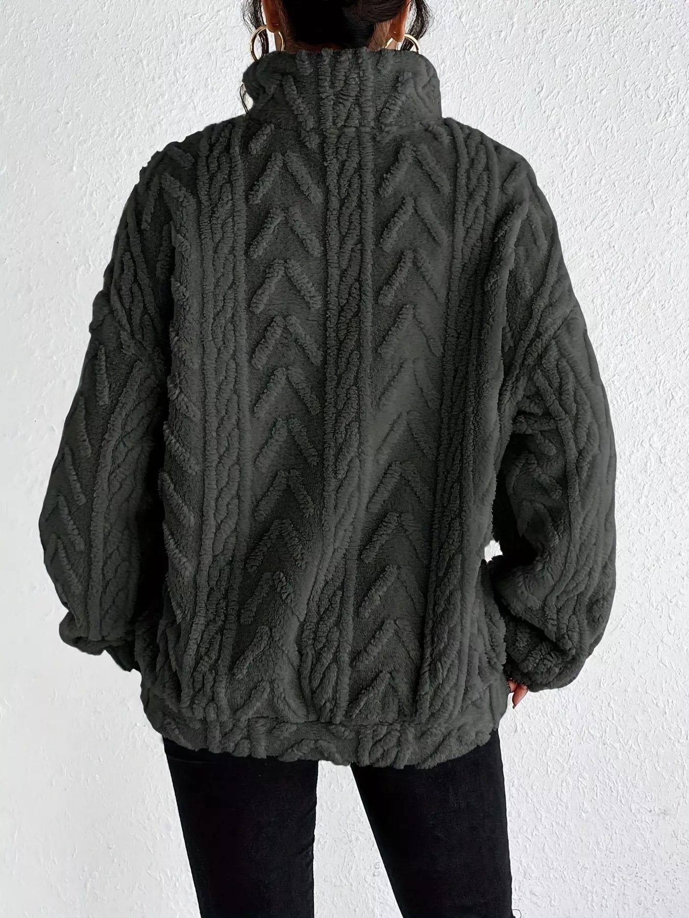 Dark gray sherpa quarter-zip sweatshirt, cable-knit texture, dropped shoulders (back view)