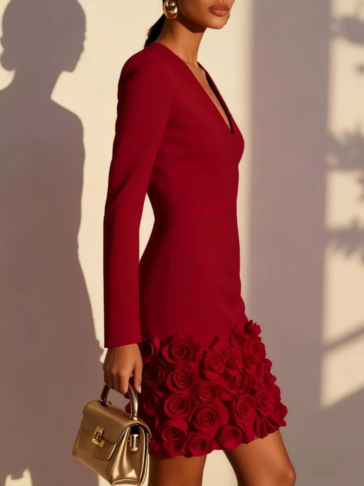 Burgundy V-neck long sleeve mini dress with 3D rose floral hem