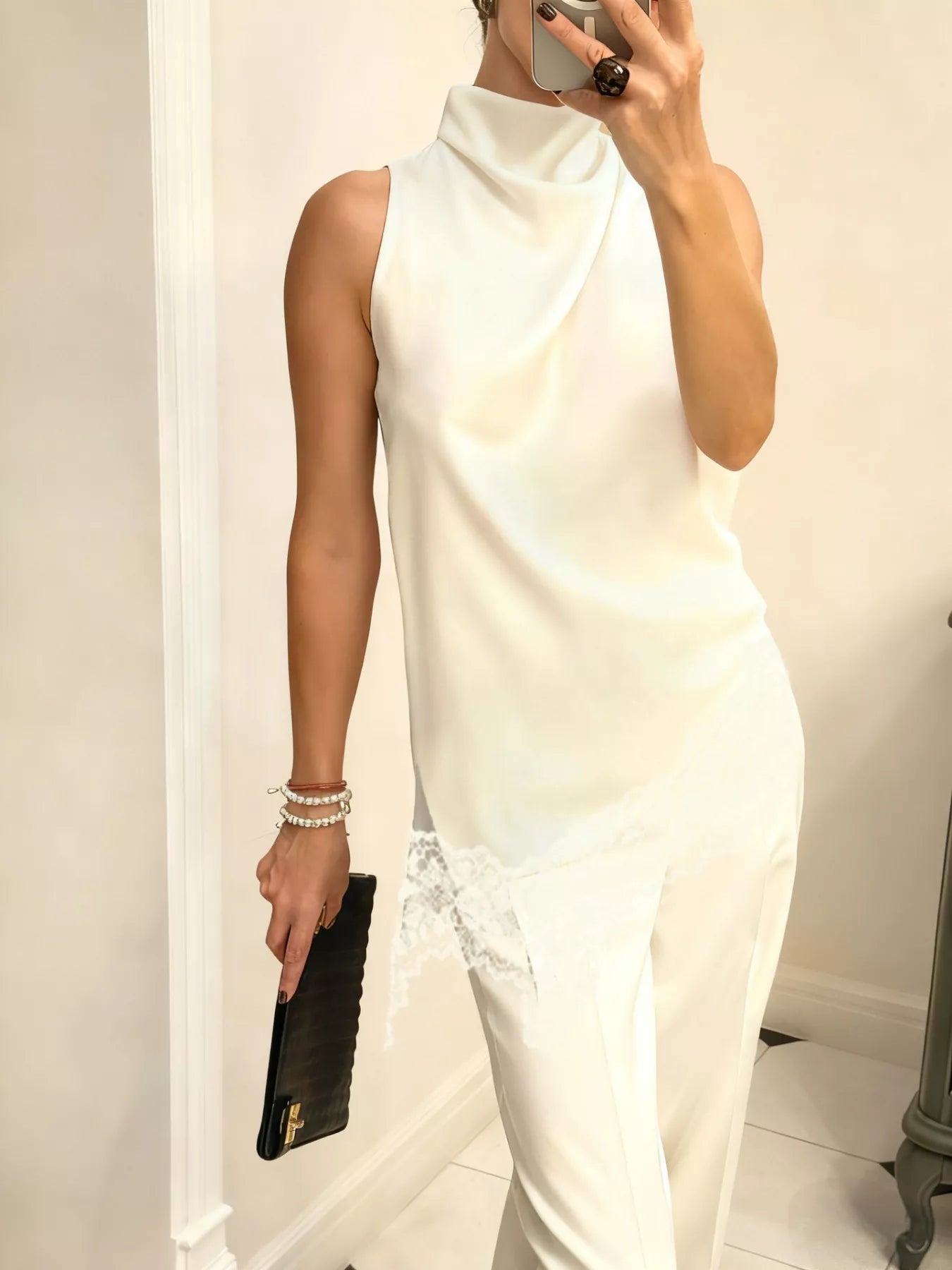 Cedar & Moore High Neck Lace Trim Cami in white, sleeveless top with lace hem detail