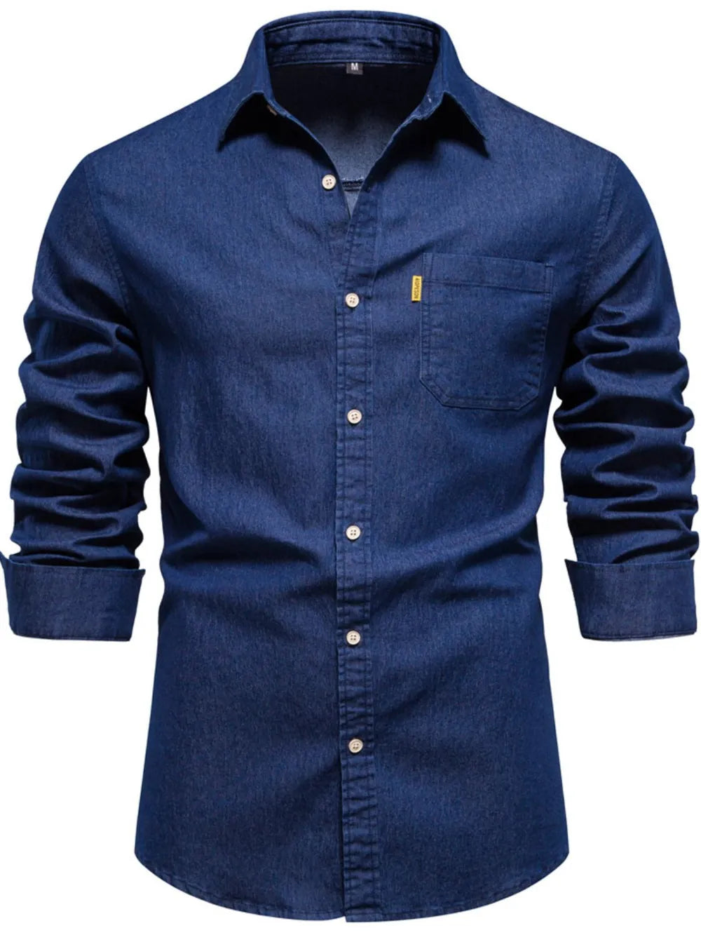 Men's dark blue denim button-up shirt with chest pocket and long sleeves
