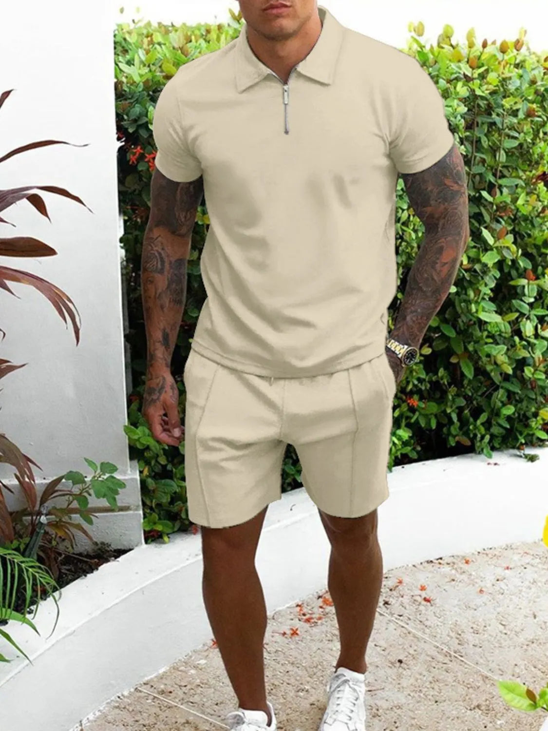 Men's collared top and shorts set, tan zip polo and matching shorts