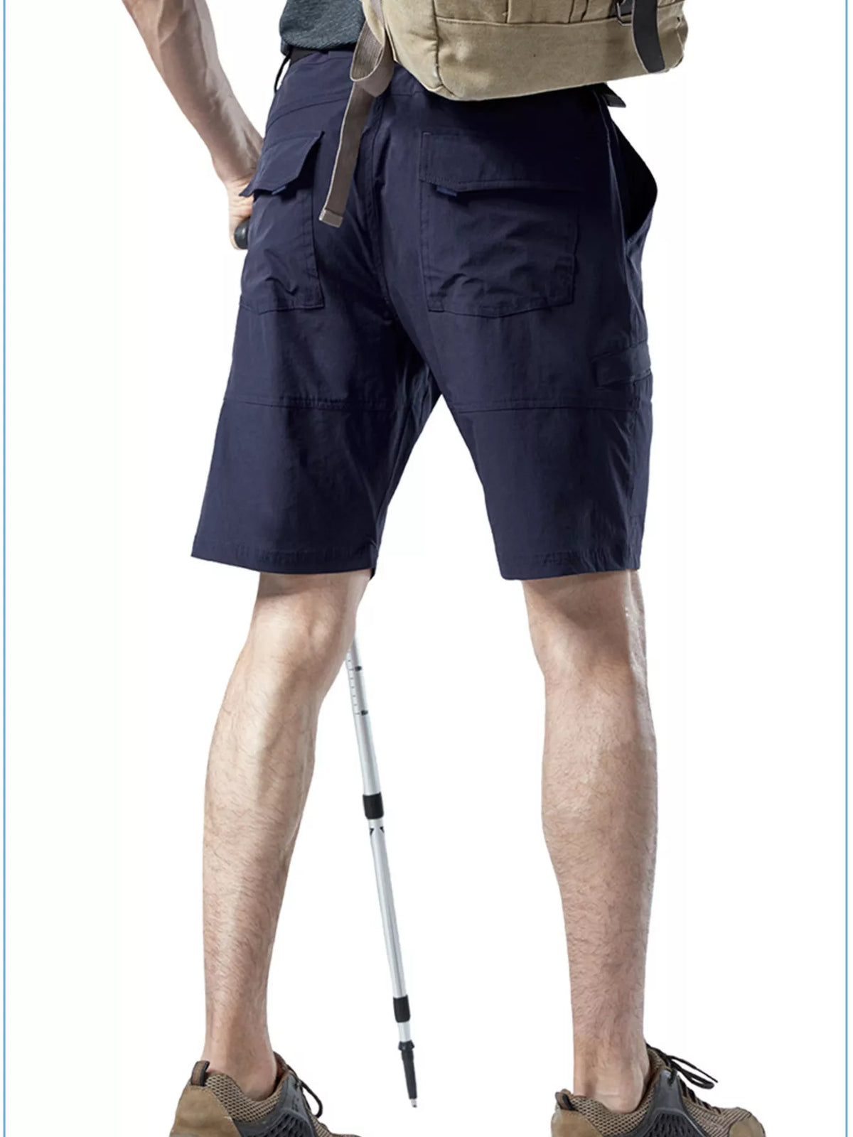 Navy relaxed cargo shorts with belt loops and large side utility pockets