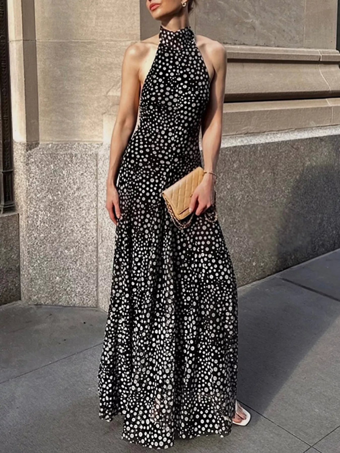 Cedar & Moore Halter Neck Polka Dot Maxi Dress, black with white polka dots