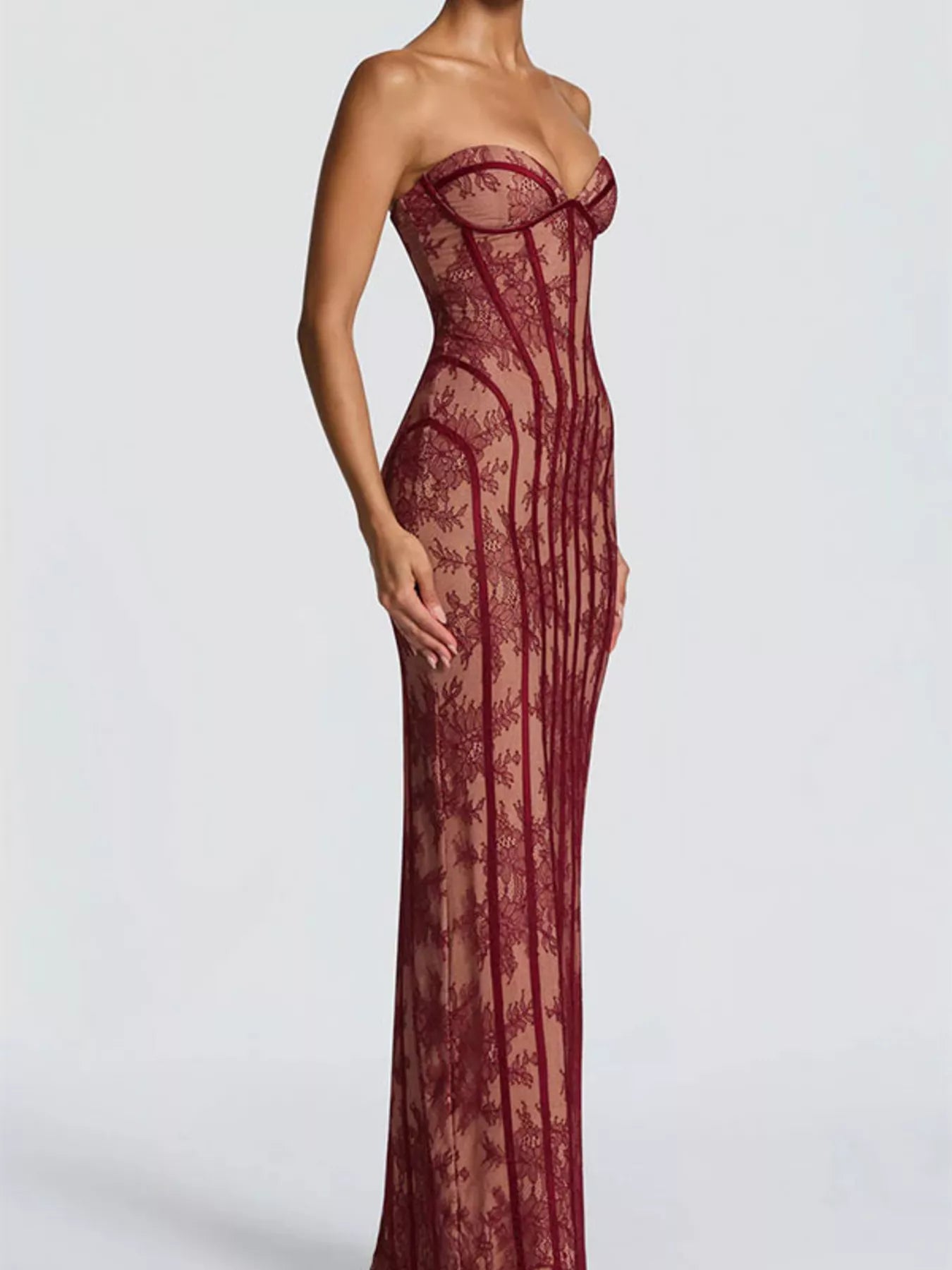 Cedar & Moore Lace Up Back Strapless Maxi Dress in burgundy lace with sheer panels