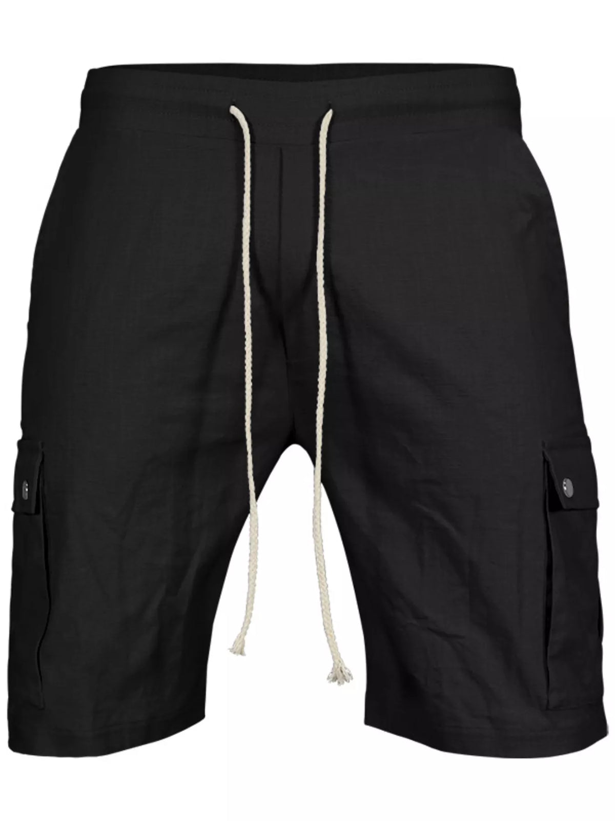 Men's black drawstring cargo shorts with front pockets and side cargo panels