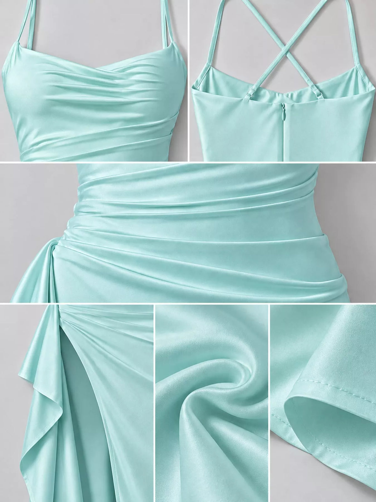 Mint green satin ruched maxi dress with spaghetti straps and high side slit detail