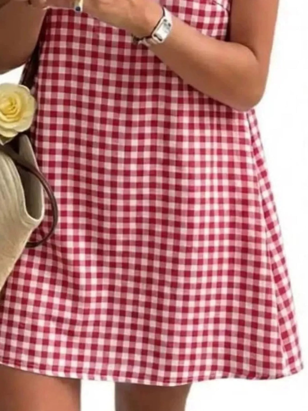 Red and white gingham sleeveless A-line mini dress, check pattern detail