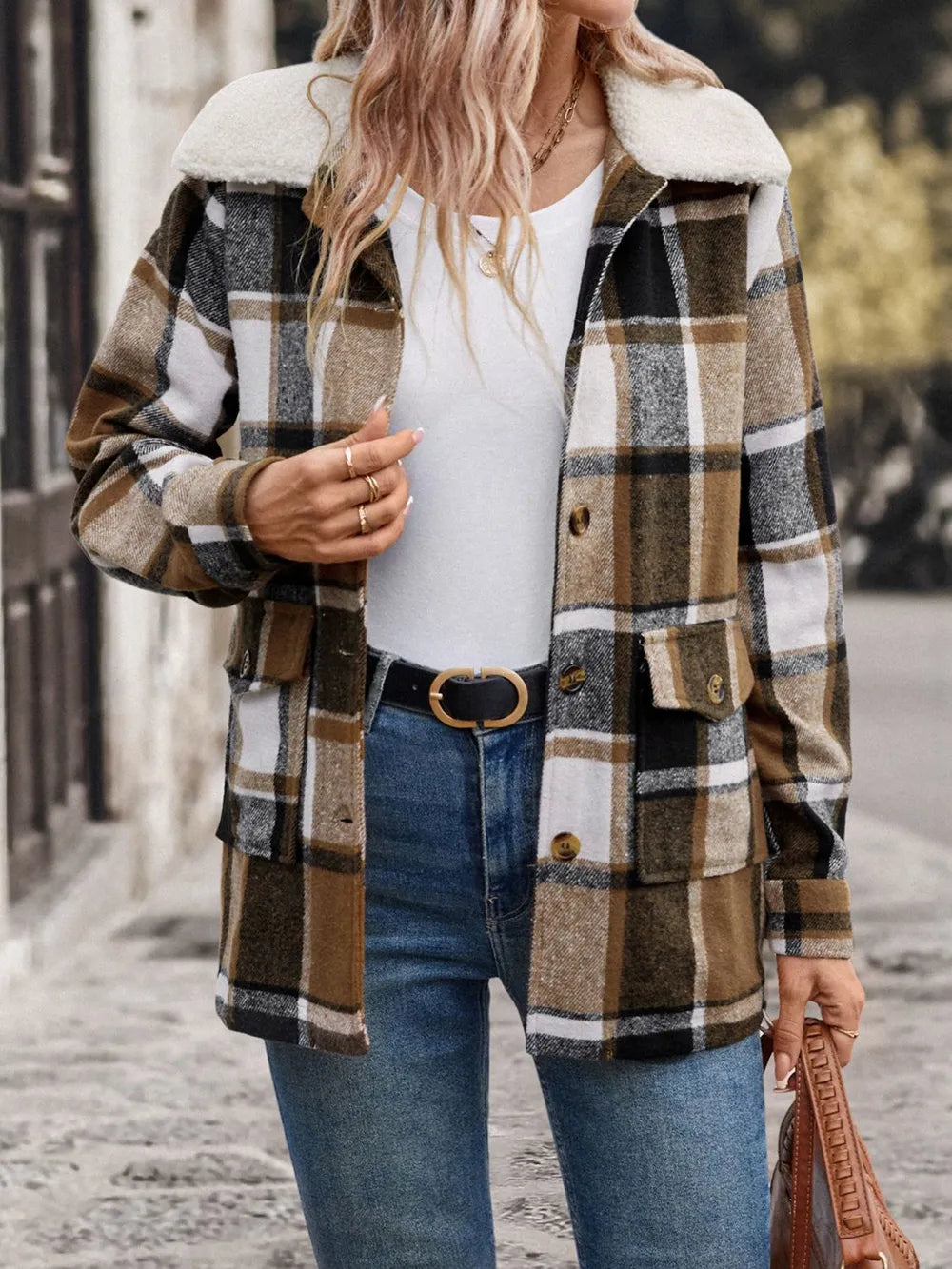 Camel plaid button-up jacket with sherpa collar, metal buttons, flap pockets