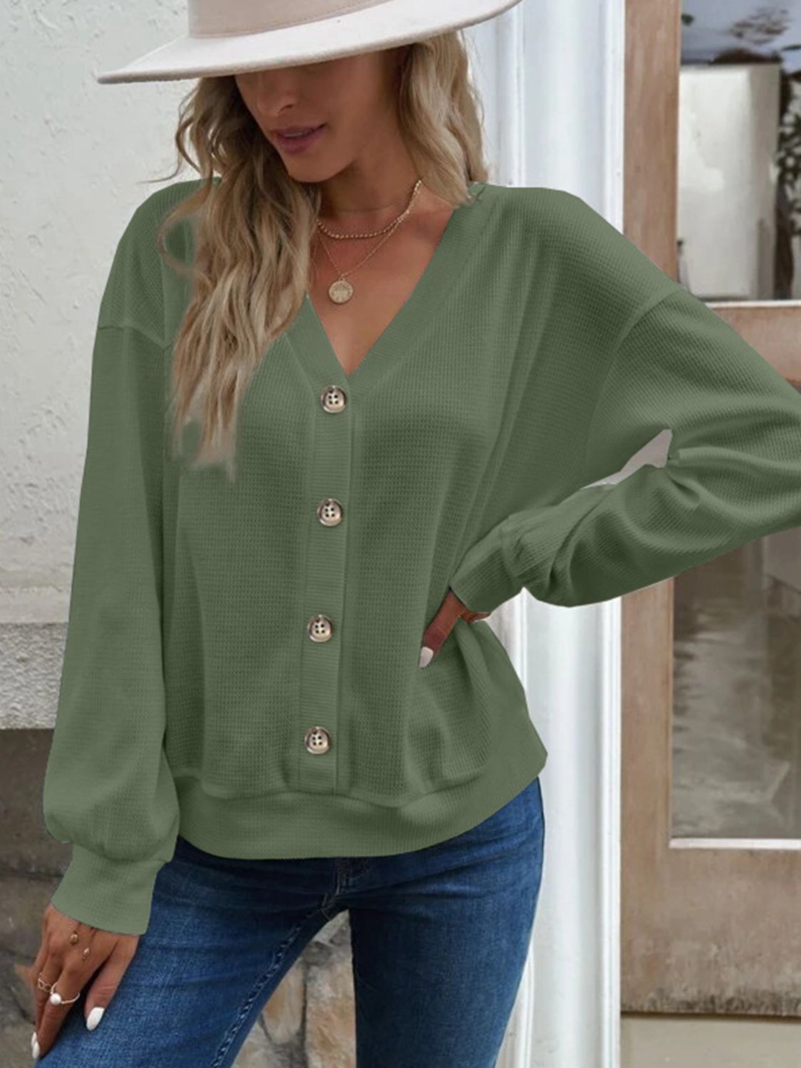 Matcha green blouse with V-neck, dropped shoulders, button front, long sleeves