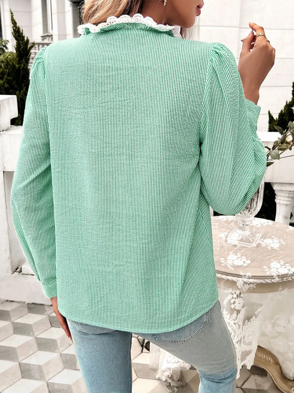 Green textured long-sleeve shirt with lace-trim collar and back yoke