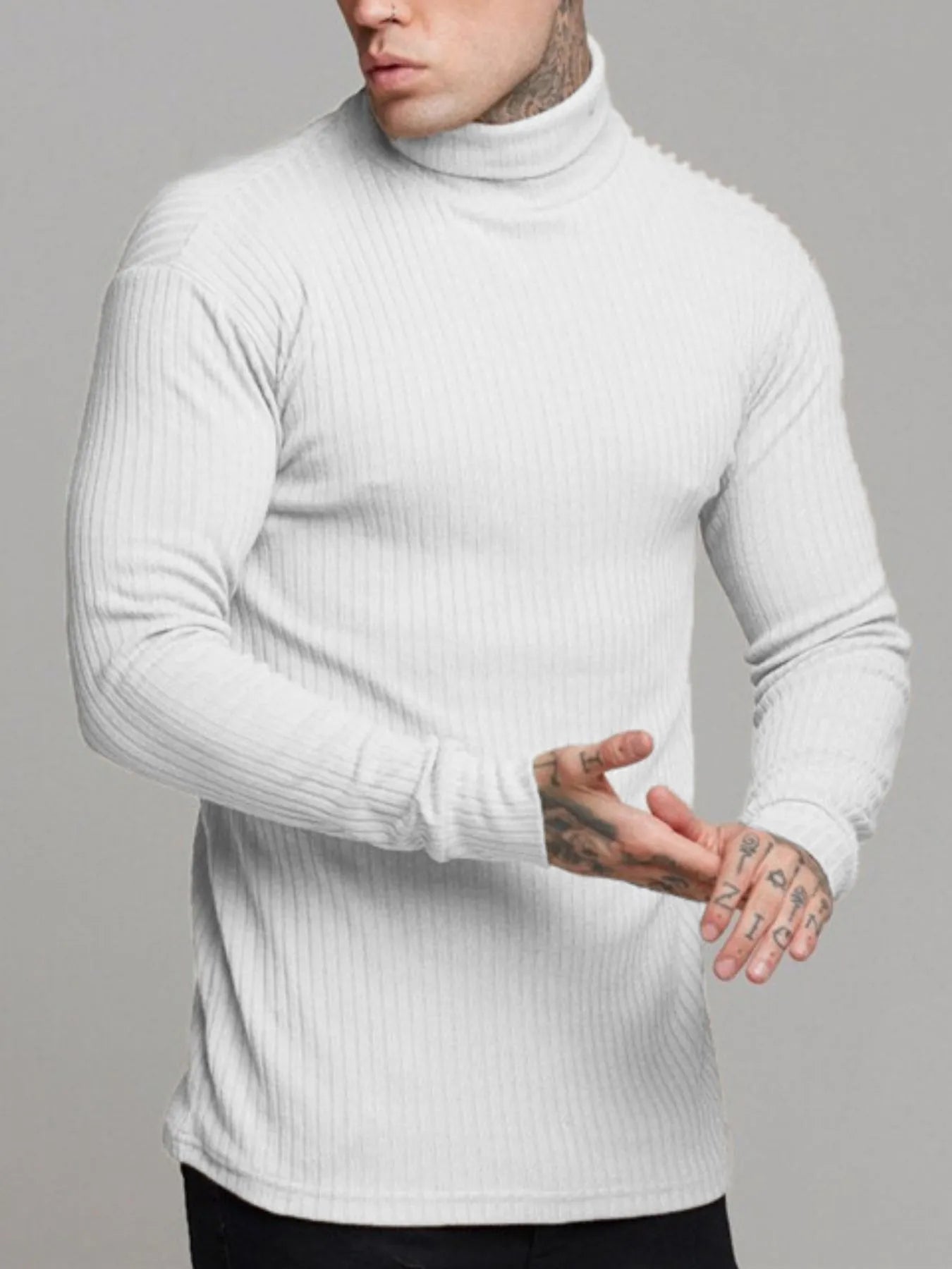 Ribbed turtleneck sweater in white, front view, long sleeves, textured knit