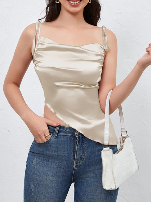 Beige satin asymmetrical tie-shoulder cami with ruched bust and draped hem