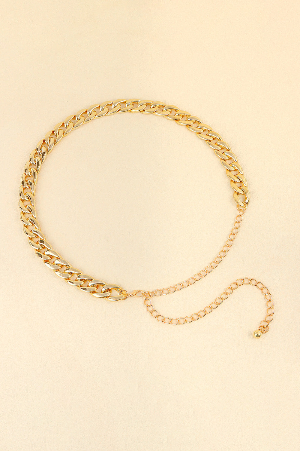 Gold curb chain belt with adjustable loop and flat chain closure