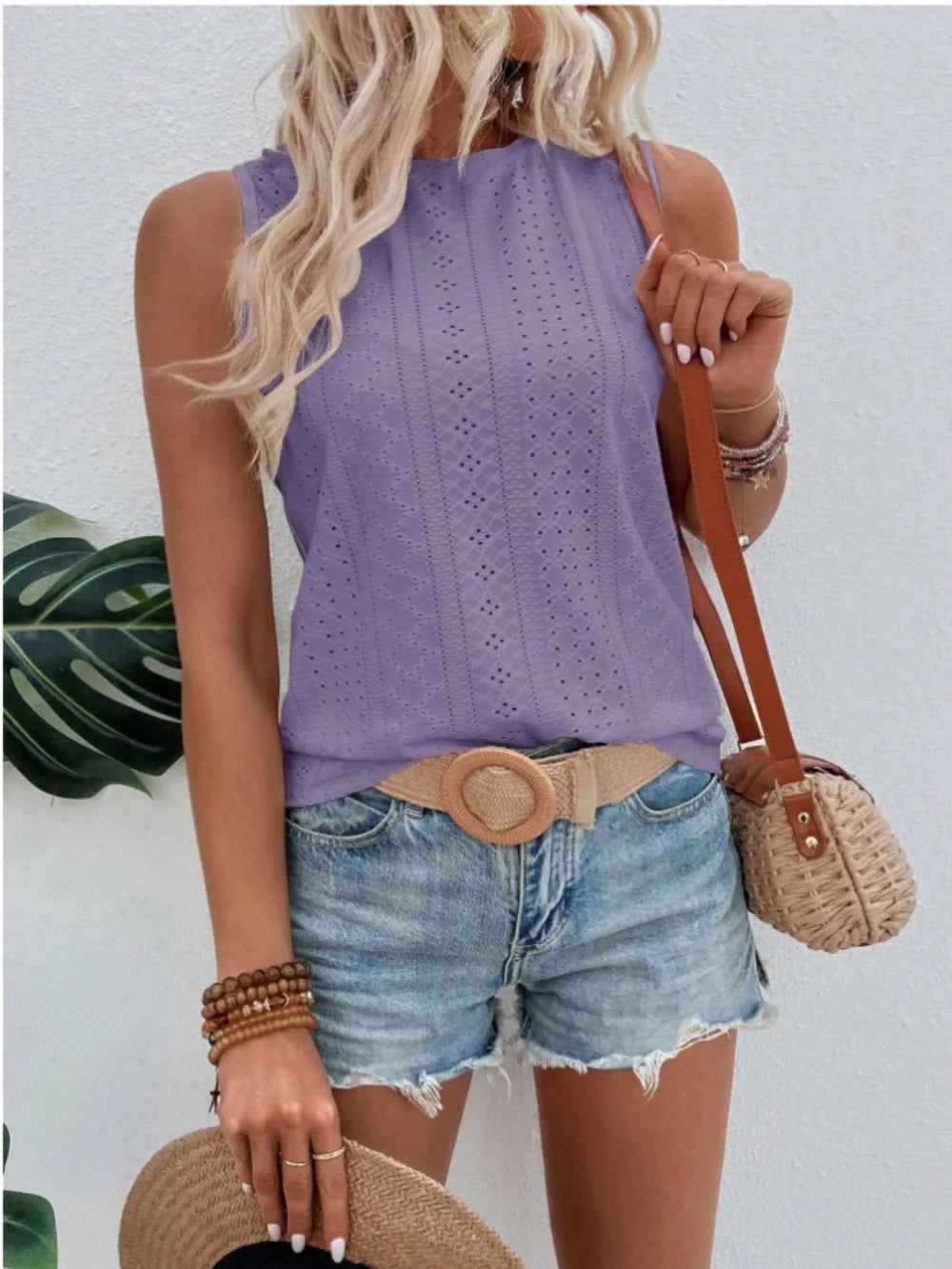 Eyelet round-neck tank in mauve lilac, sleeveless with textured eyelet stripe details