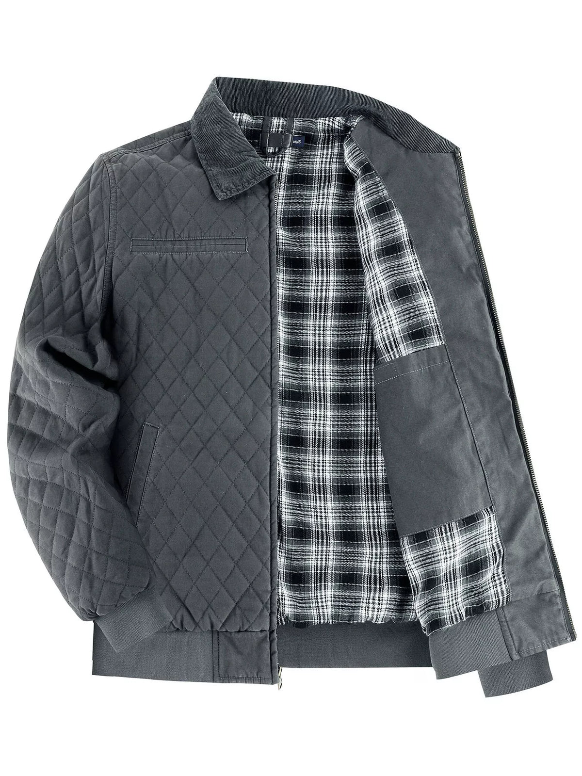 Gray quilted zip jacket with black-and-white plaid lining and side pocket panel