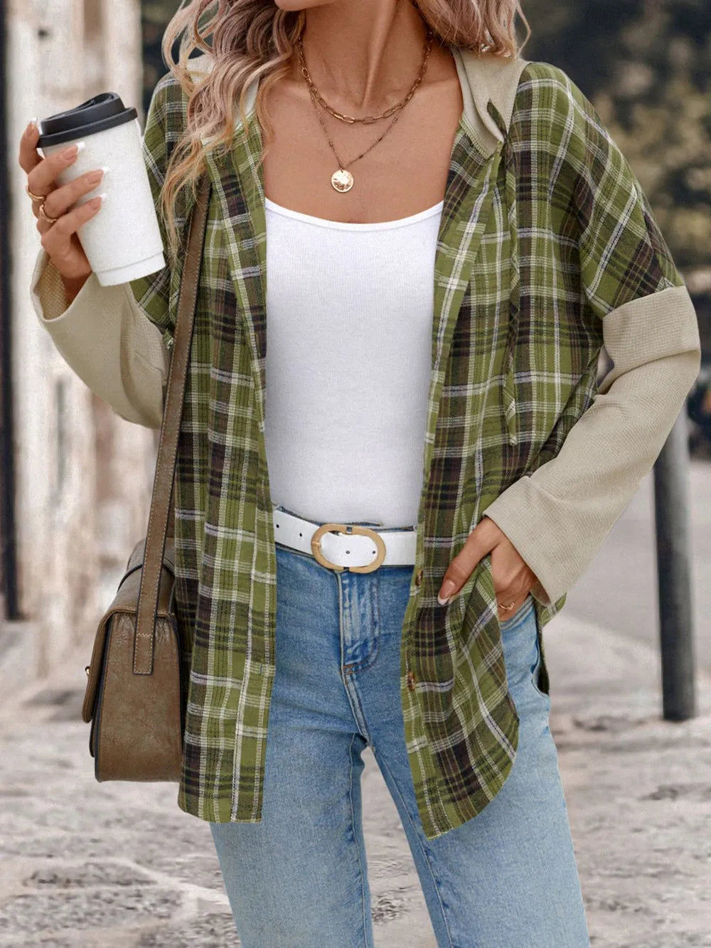 Plaid hooded long-sleeve shirt with button front, green and dark brown check, beige cuffs