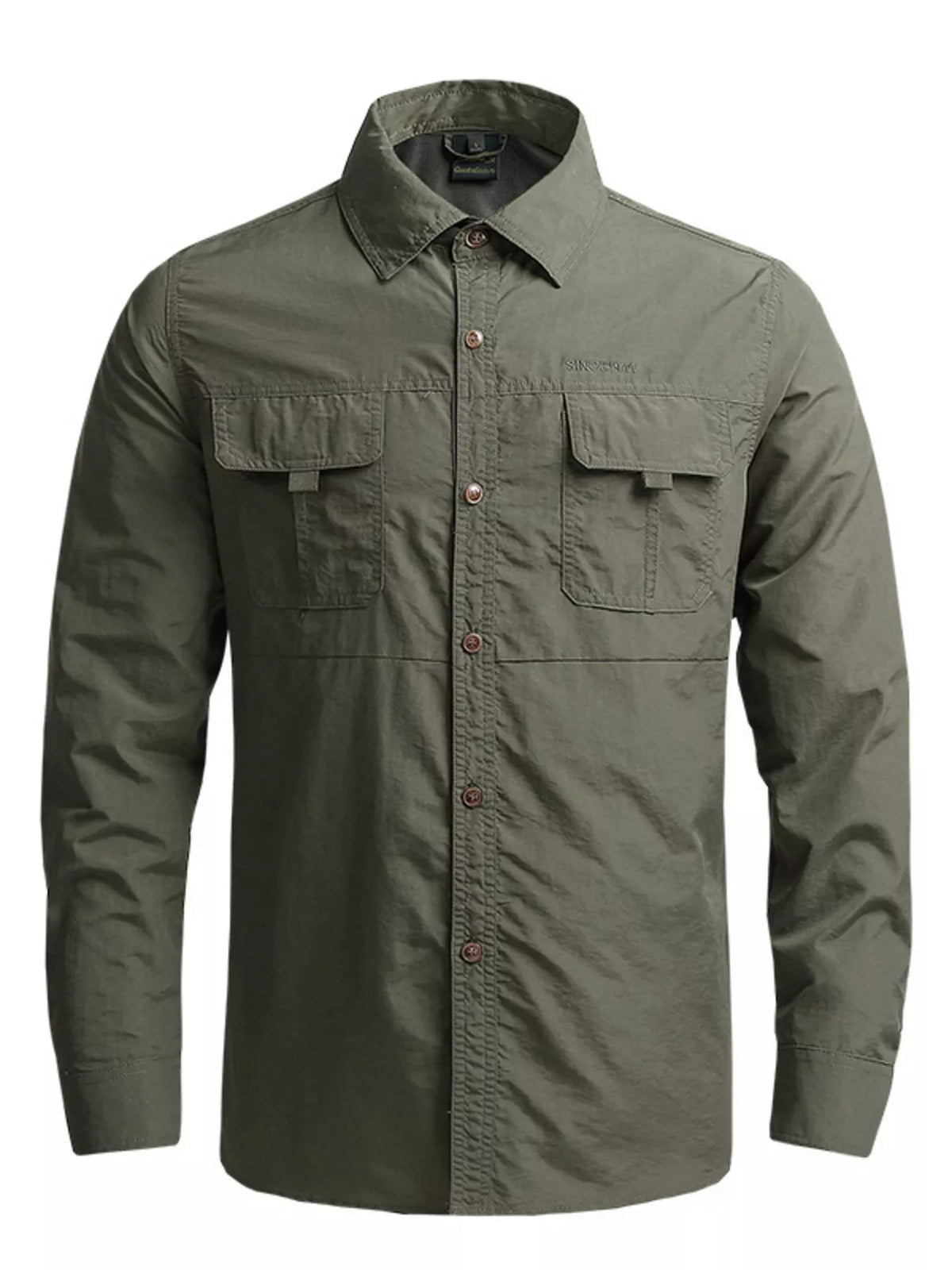 Army green men's long-sleeve cotton shirt with button front and chest pockets