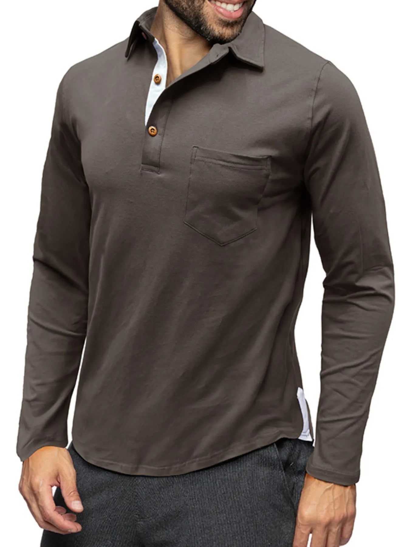 Men's long sleeve polo shirt in dark brown, with chest pocket and button placket.