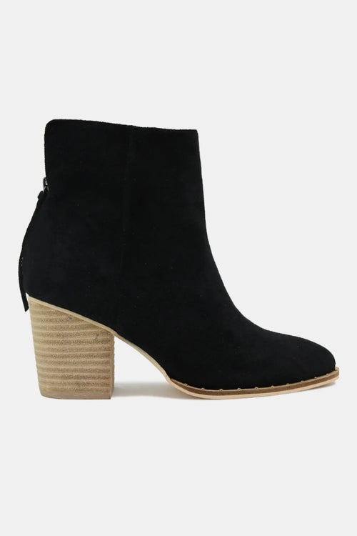 Black suede point-toe ankle boots with block heel and side gore