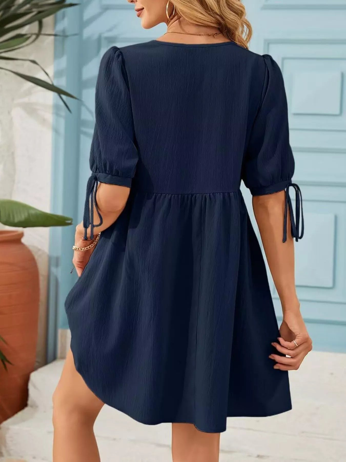 Tie-Neck Puff Sleeve A-Line Mini Dress, navy blue with sleeve ties, back view