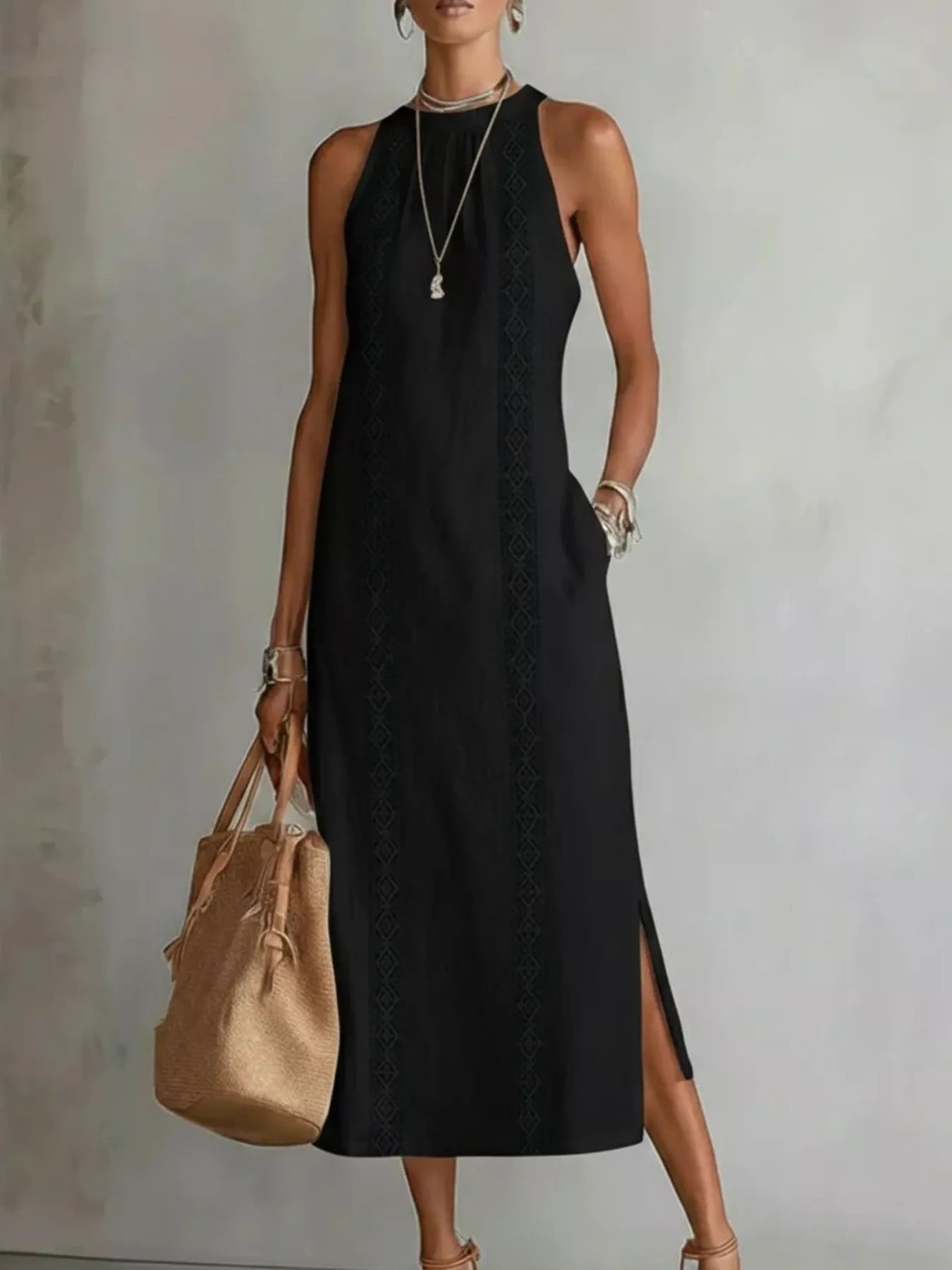 Black sleeveless midi dress with lace trim detailing and side slit