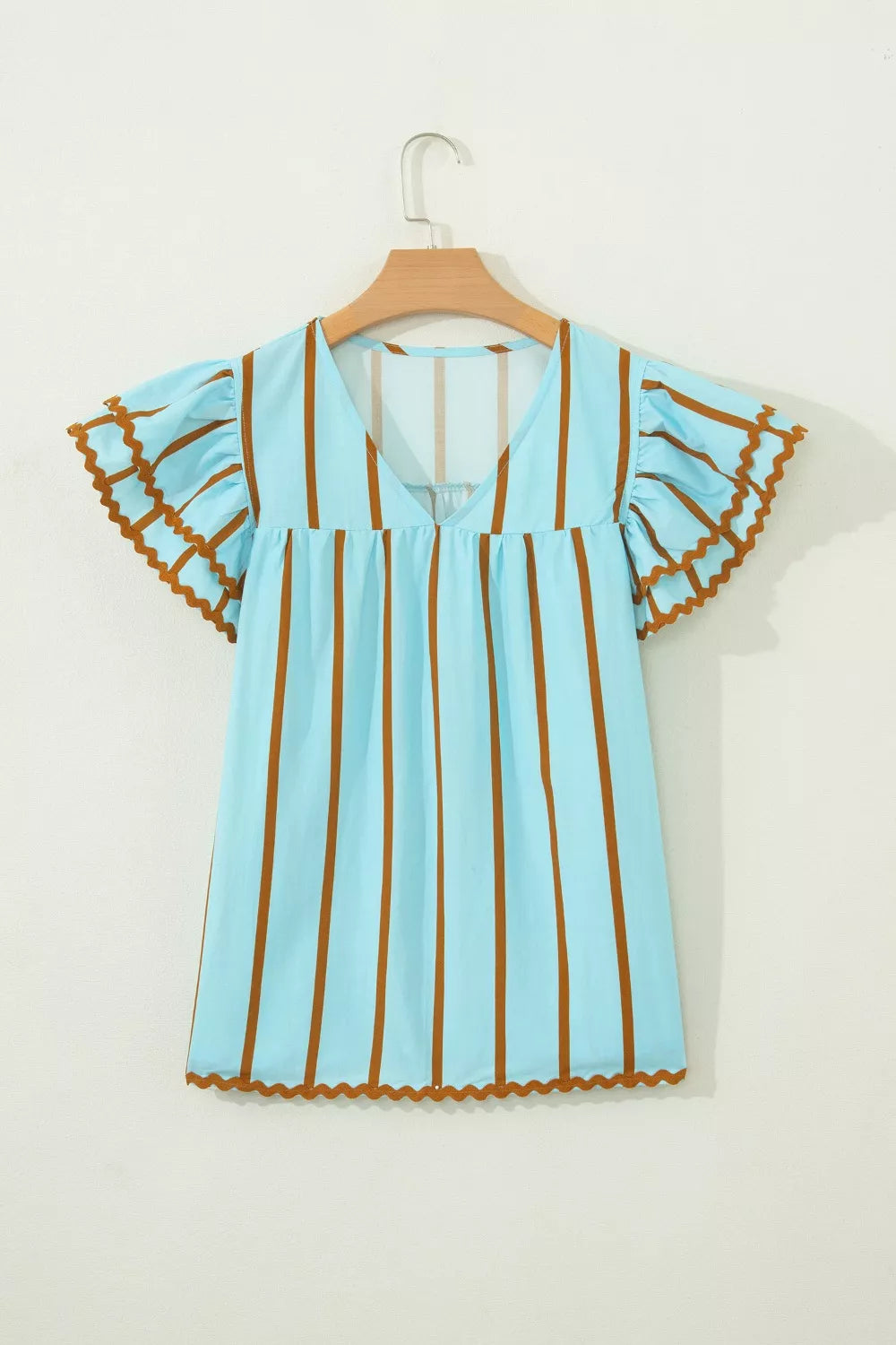 Cedar & Moore Stripe Ricrac Trim Double Ruffled Short Sleeve V-Neck Blouse in light blue with brown stripes Trendsi
