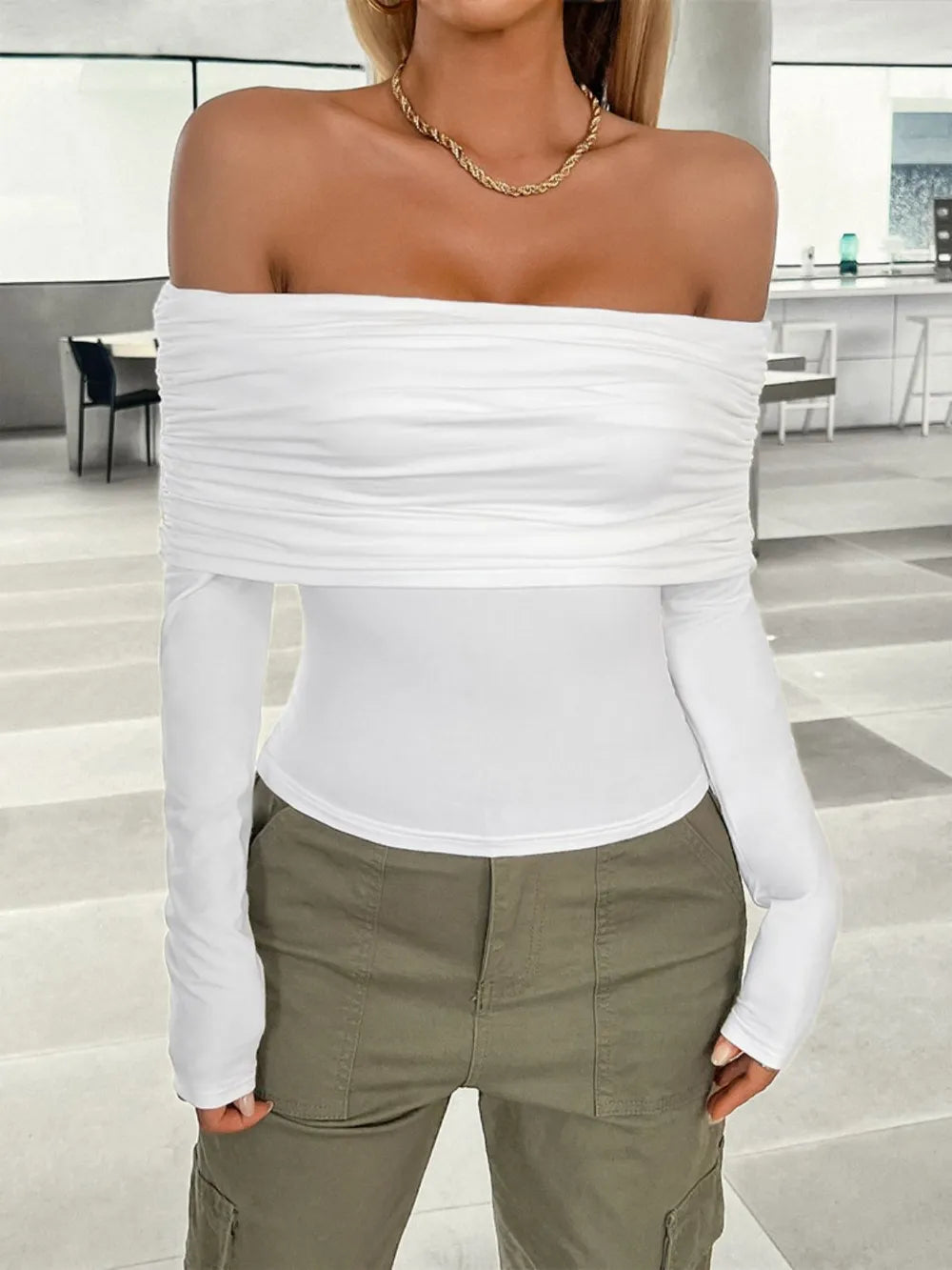 Cedar & Moore Devine ruched off-shoulder long sleeve white T-shirt, Trendsi, sheer style