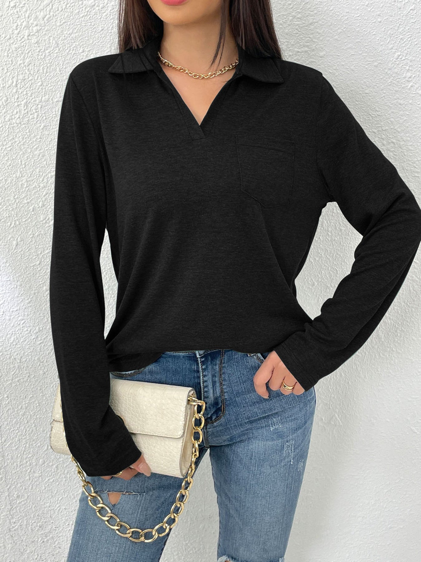 Cedar & Moore Collared Neck Long Sleeve T-Shirt in black with chest pocket, Trendsi