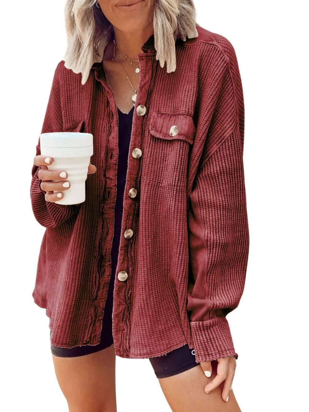 Burgundy waffle-knit button-up jacket with chest pockets and front snap buttons