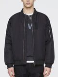Lightweight black bomber jacket with front zipper and chest patch pocket, ribbed cuffs