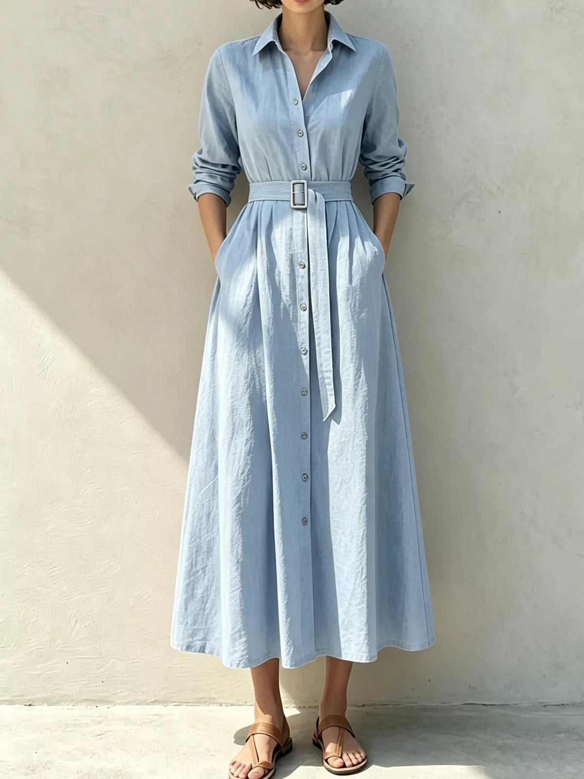 Light blue button-front midi shirt dress with belt and patch pockets