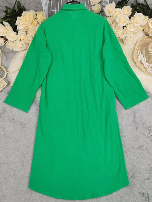 Green button-front long sleeve shirt dress, back view, pointed collar