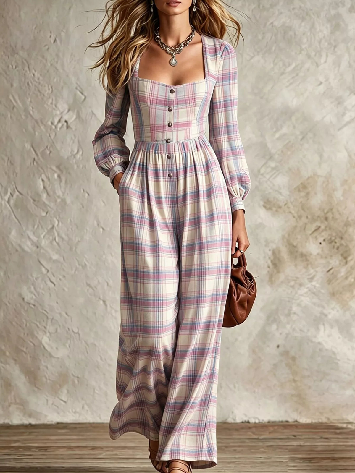 Plaid square-neck long-sleeve jumpsuit with button front and wide legs, pastel plaid
