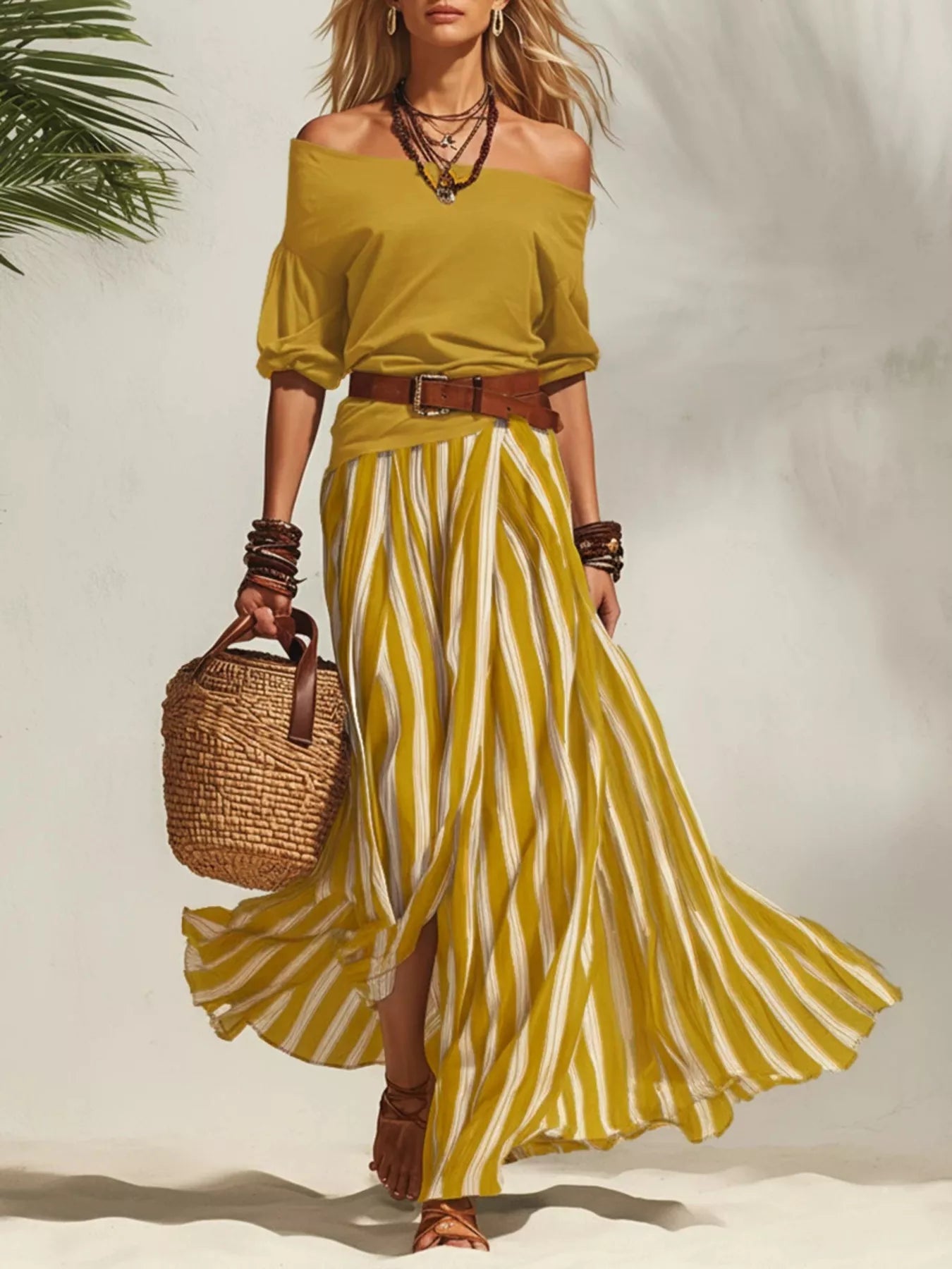 Yellow off-shoulder top and striped maxi skirt set
