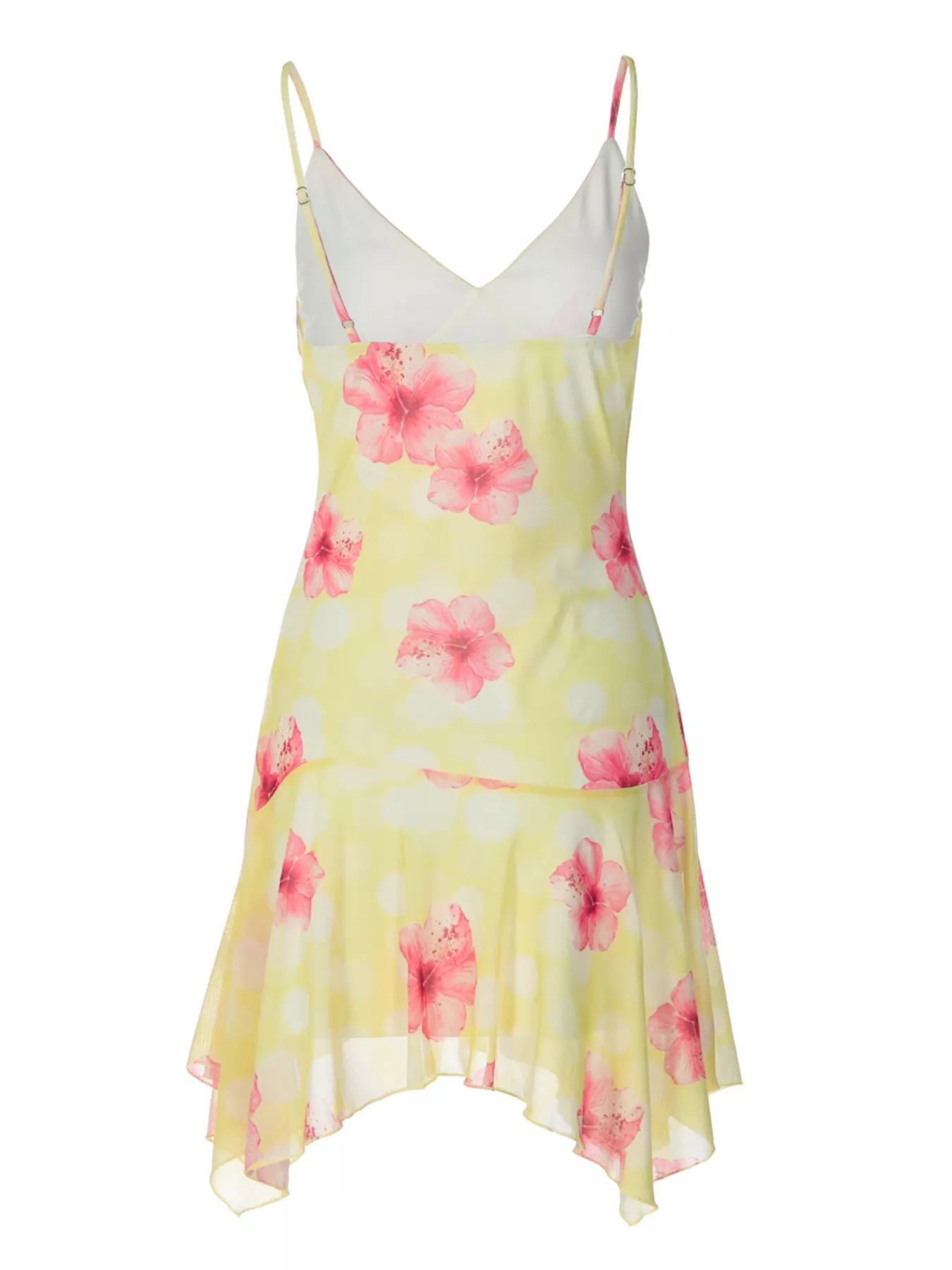 Yellow sheer mini dress with pink floral print, V-neck and asymmetrical hem