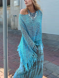 Sky blue open-knit shawl with boat neck and long fringe tassels