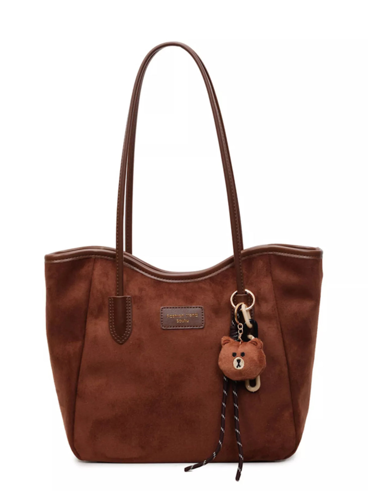 Brown suede casual tote bag with top handles, front tab pocket, keychain charm